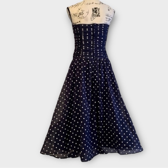 Vintage Navy Blue Polka Dot Strapless Fit and Flare Swing Dress - Picture 2 of 12